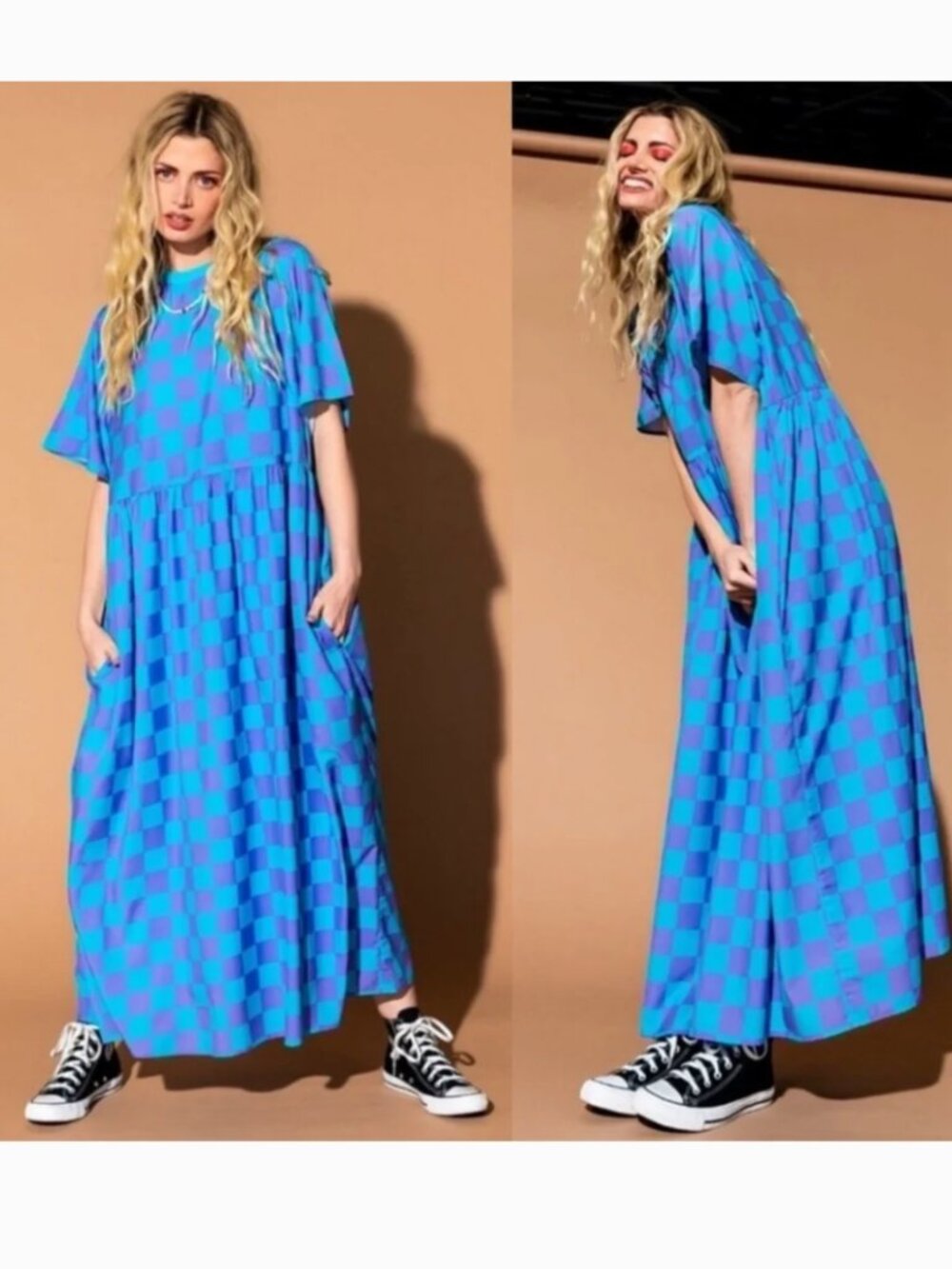 Dressed in LaLa Never Too Much Checker Maxi Dress Blue Purple Oversize Small